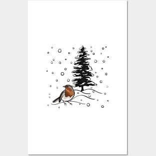 Robin and Snow Covered Trees Digital Illustration Posters and Art